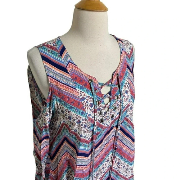 no comment M pink blue floral chevron print cold shoulder boho dress - Picture 2 of 7